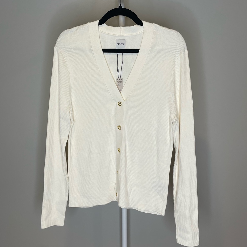 Nic + Zoe Cream V-Neck Sweater w Gold Accents XL